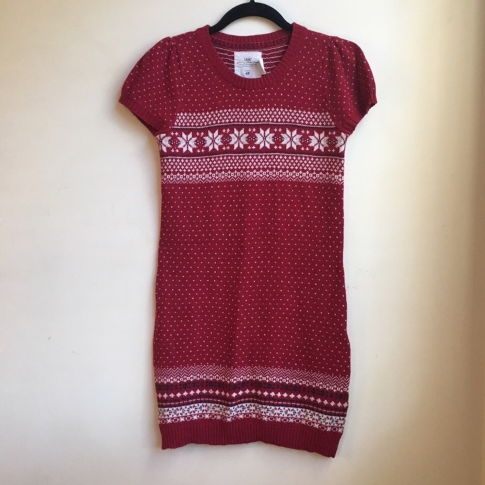 H&M Short Sleeve Red Fair Isle Knit Sweater Dress